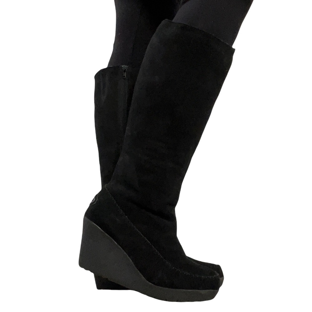 BearPaw Black Suede Knee-High Wedge Boots